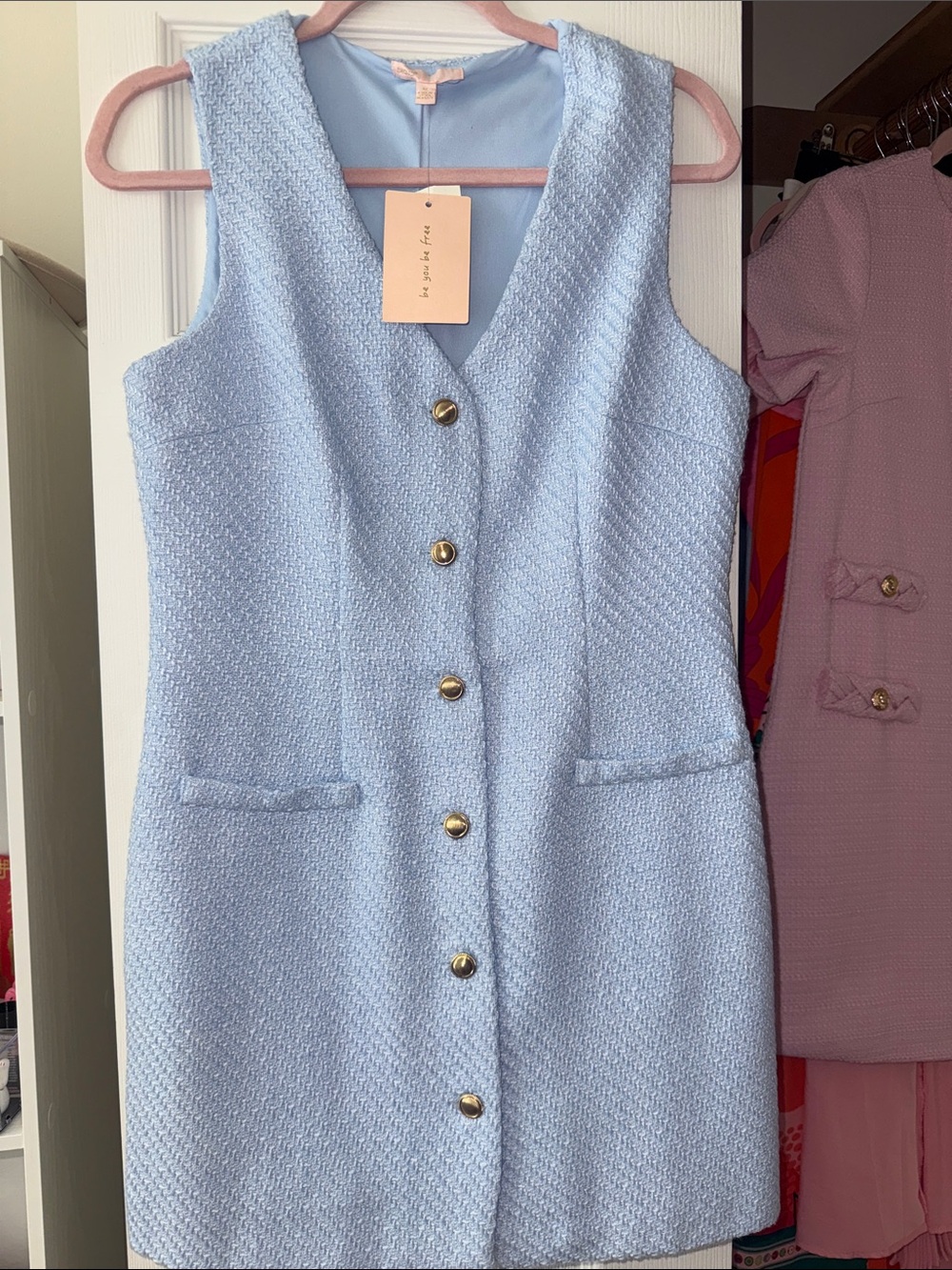 BeBop Light Blue Sleeveless Tweed Button-Front Dress